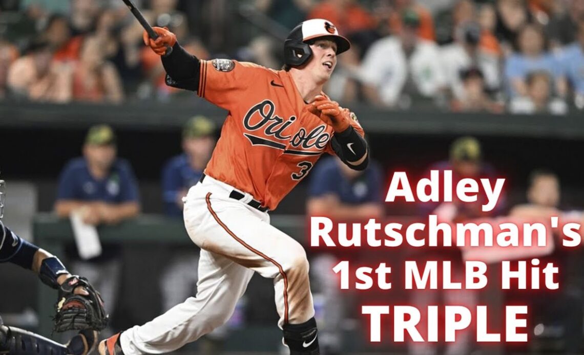 Top overall prospect Adley Rutschman lines a triple to right field for his first MLB hit in the 7th