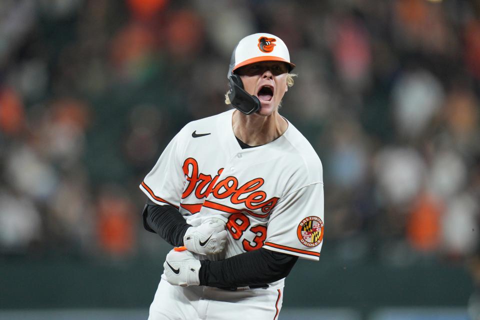 Baltimore Orioles center fielder Kyle Stowers reacts after hitting his first career home run to tie the game in the ninth inning against the Chicago White Sox.