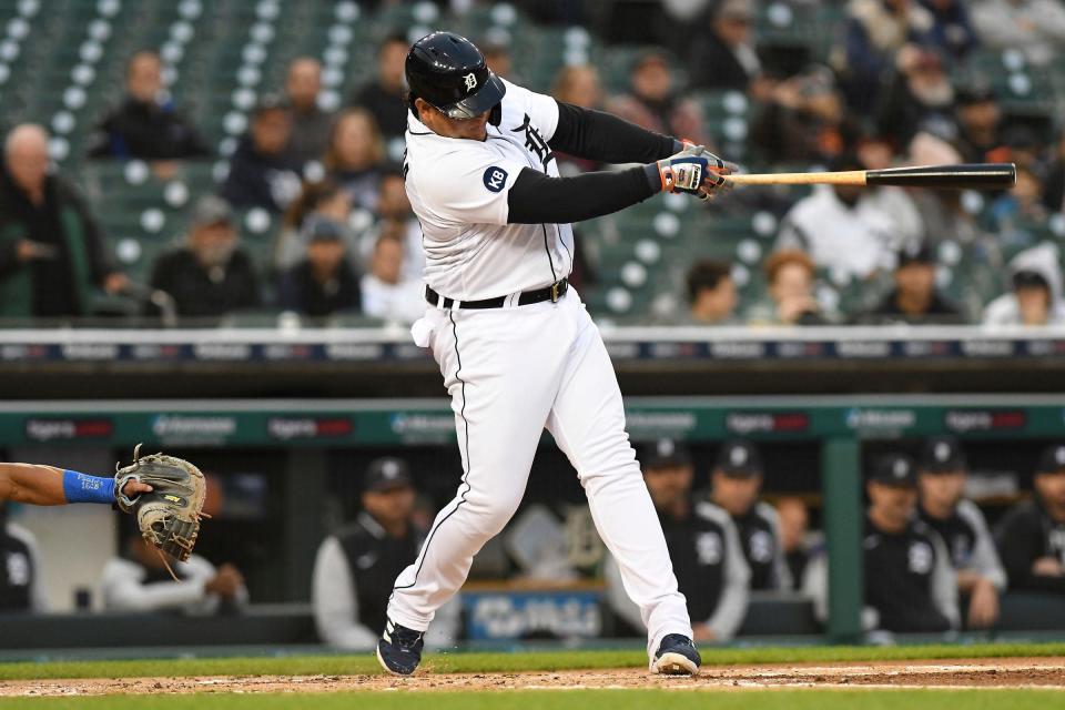 Detroit Tigers designated hitter Miguel Cabrera (24) hits a two-run home run off Kansas City Royals starting pitcher Daniel Lynch (not pictured) in the second inning at Comerica Park in Detroit on Wednesday, Sept. 28, 2022.