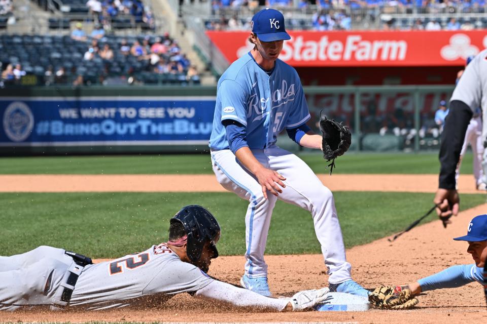 Royals first baseman Nick Pratto (right) forces out Tigers right fielder Victor Reyes at first base during the sixth inning Sept. 11, 2022 at Kauffman Stadium in Kansas City, Missouri.