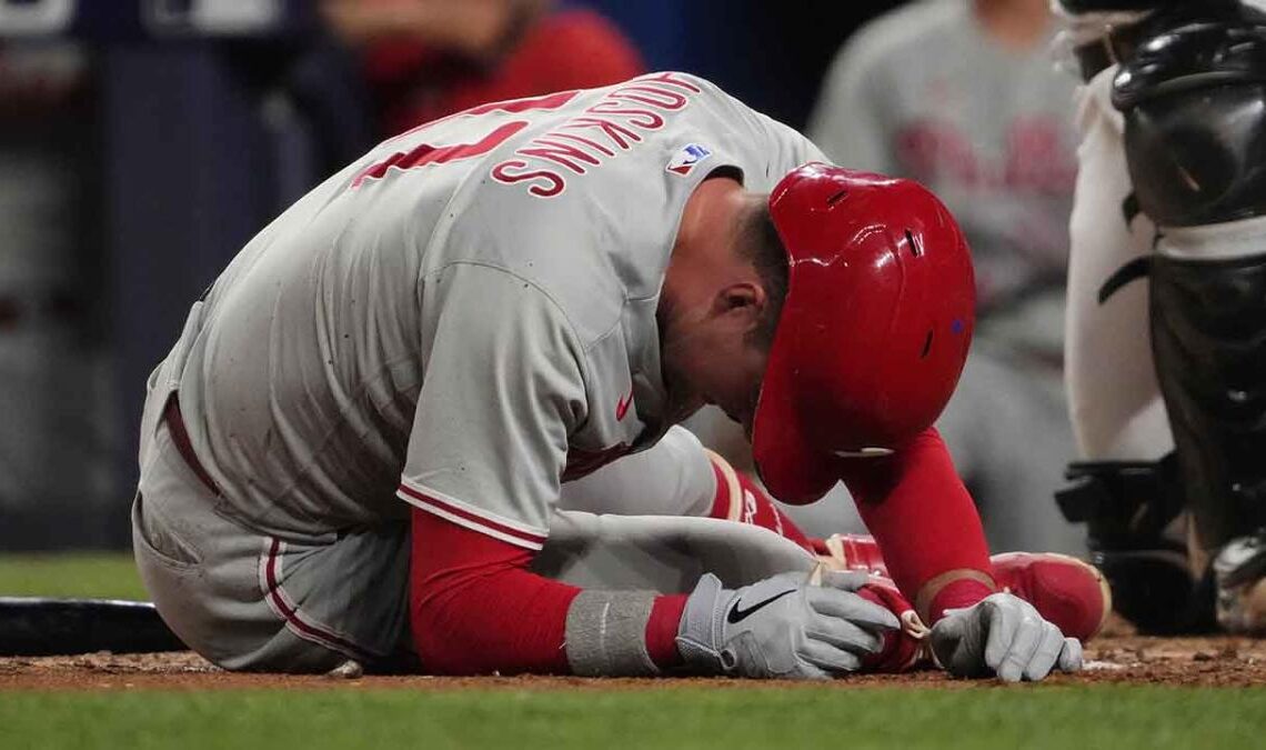 Rhys Hoskins hit on hand by pitch, leaves Phillies game vs. Marlins