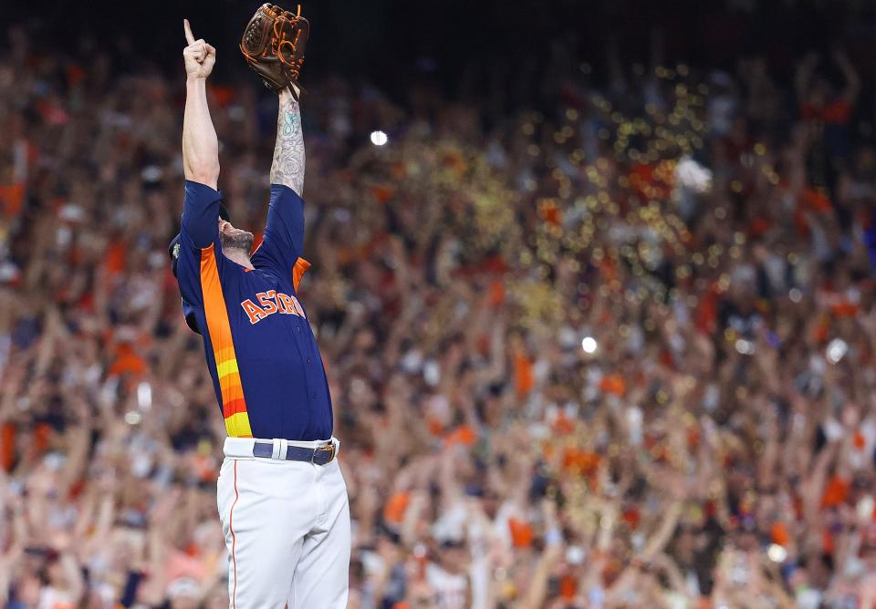 Game 6: Astros closer Ryan Pressly reacts after the Astros defeated the Phillies 4-1.