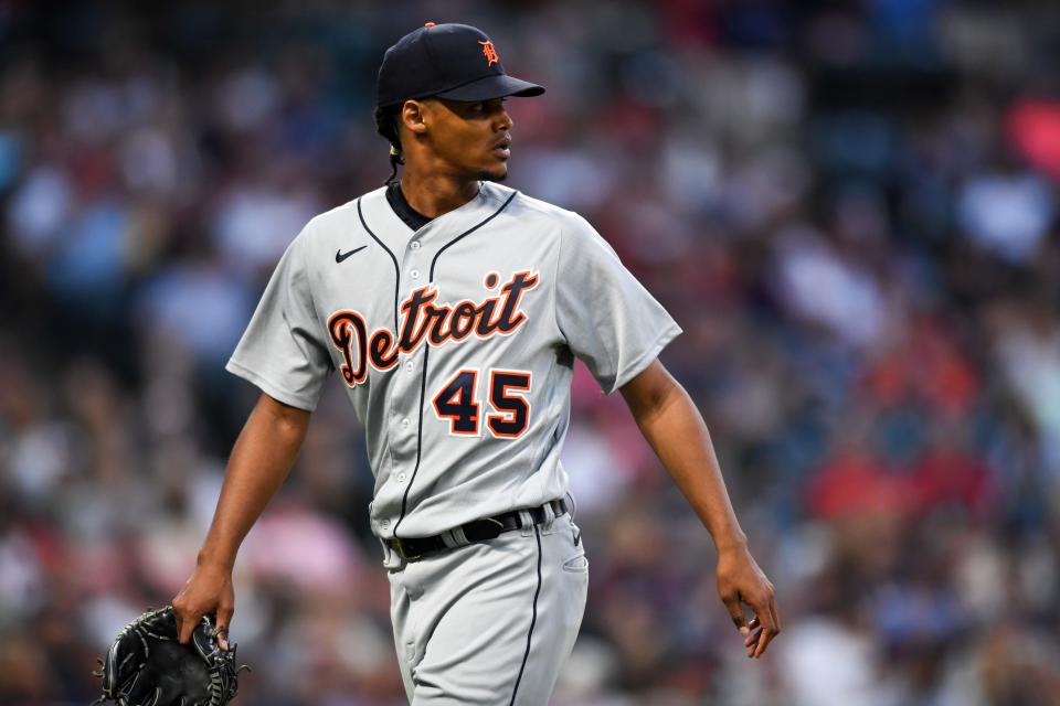 Starting pitcher Elvin Rodriguez of the Detroit Tigers is taken out of the game during the sixth inning against the Cleveland Guardians at Progressive Field in Cleveland on Thursday, July 14, 2022.