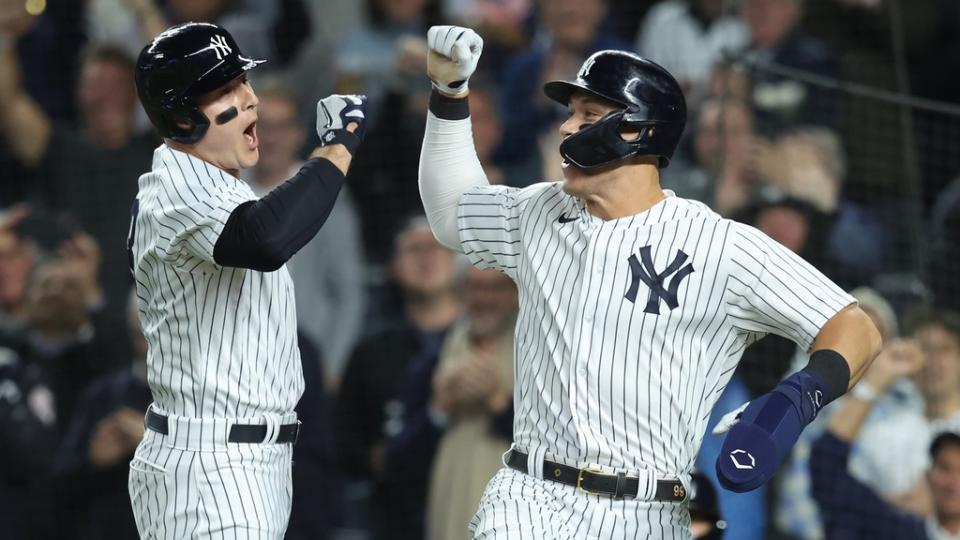 Anthony Rizzo Aaron judge celebrate playoffs pinstripes