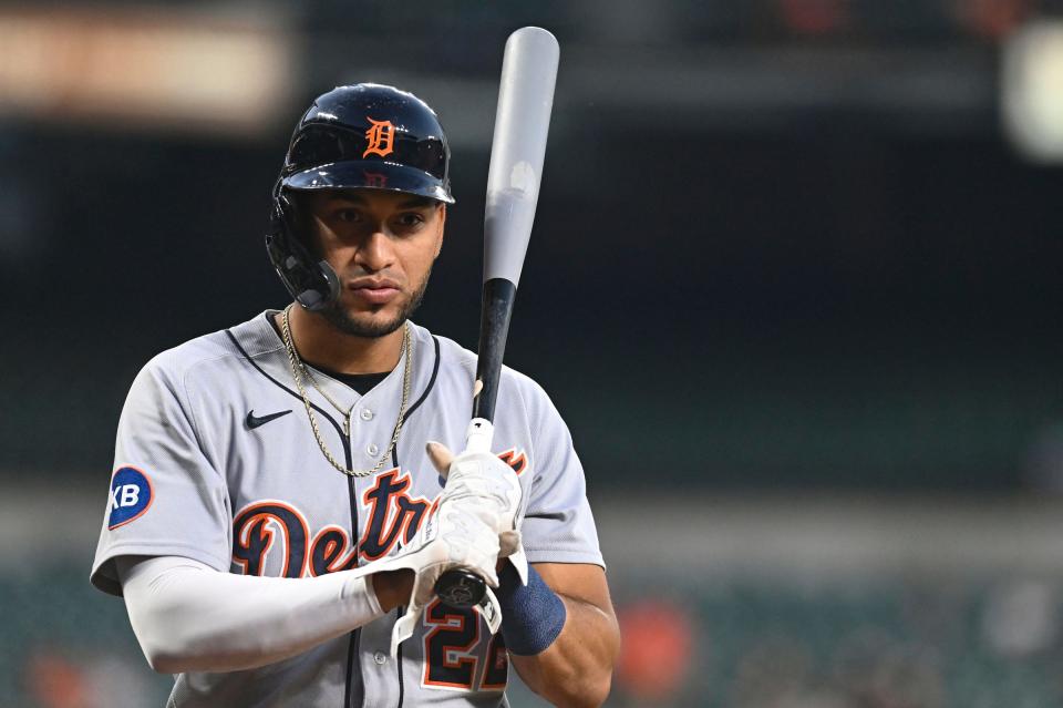 Detroit Tigers right fielder Victor Reyes (22) walks to the on deck circle during the first inning of the game against the Baltimore Orioles at Oriole Park at Camden Yards.