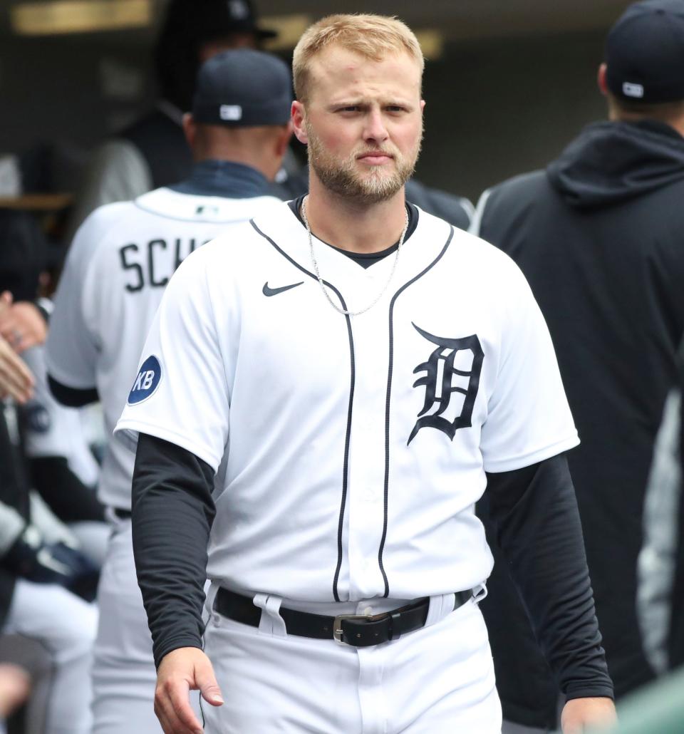 Detroit Tigers left fielder Austin Meadows in the dugout before action against the Chicago White Sox, Saturday, April 9, 2022, at Comerica Park  in Detroit.