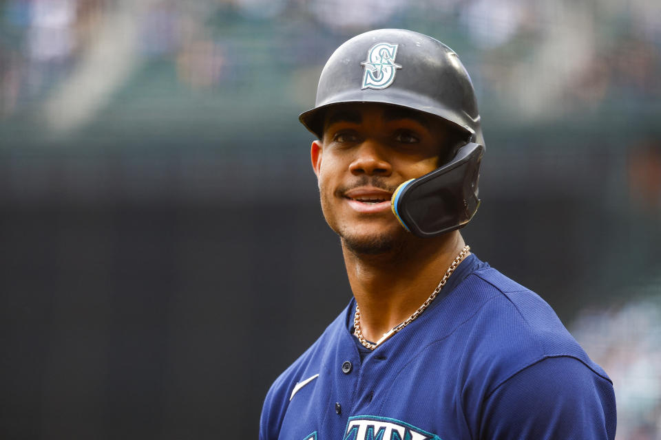 Oct 5, 2022; Seattle, Washington, USA; Seattle Mariners center fielder Julio Rodriguez (44) returns to the dugout after grounding out against the Detroit Tigers during the third inning at T-Mobile Park. Mandatory Credit: Joe Nicholson-USA TODAY Sports