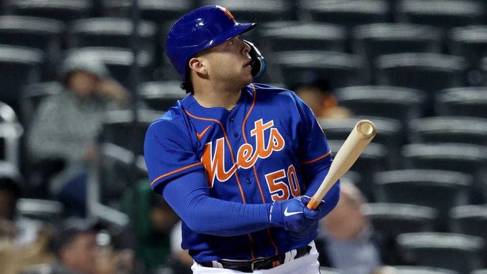 Francisco Alvarez swing follow-through first home run, blue uniform