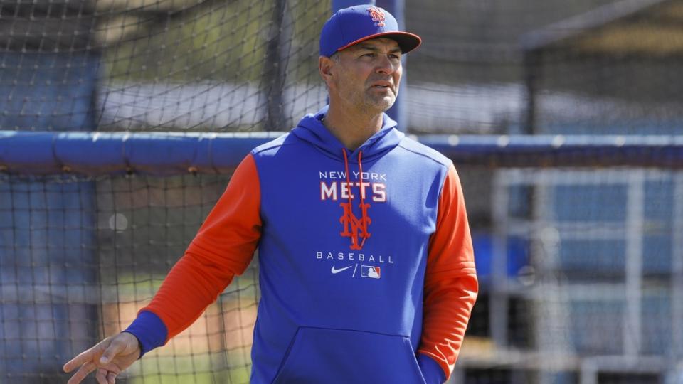 Mar 13, 2022; Port St. Lucie, FL, USA; New York Mets hitting coach Eric Chavez looks on as players take batting practice during spring training.