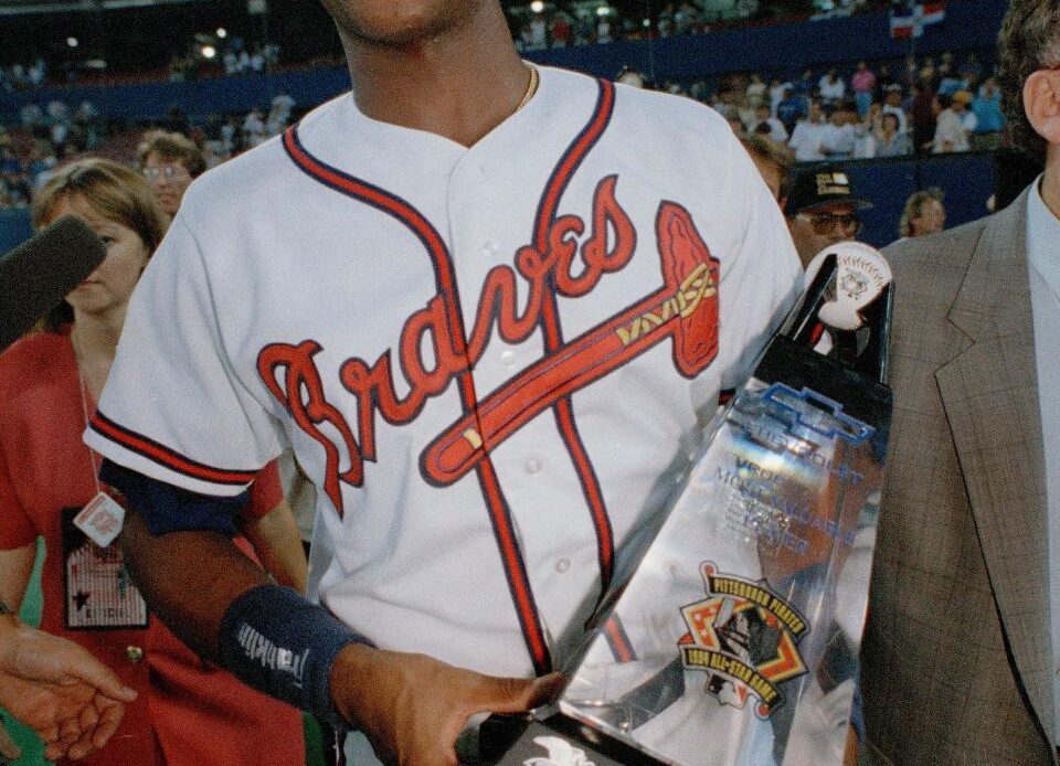 Braves first baseman Fred McGriff poses with the Most Valuable Player award after the 65th All Star Game at Three Rivers Stadium in Pittsburgh, July 12, 1994.