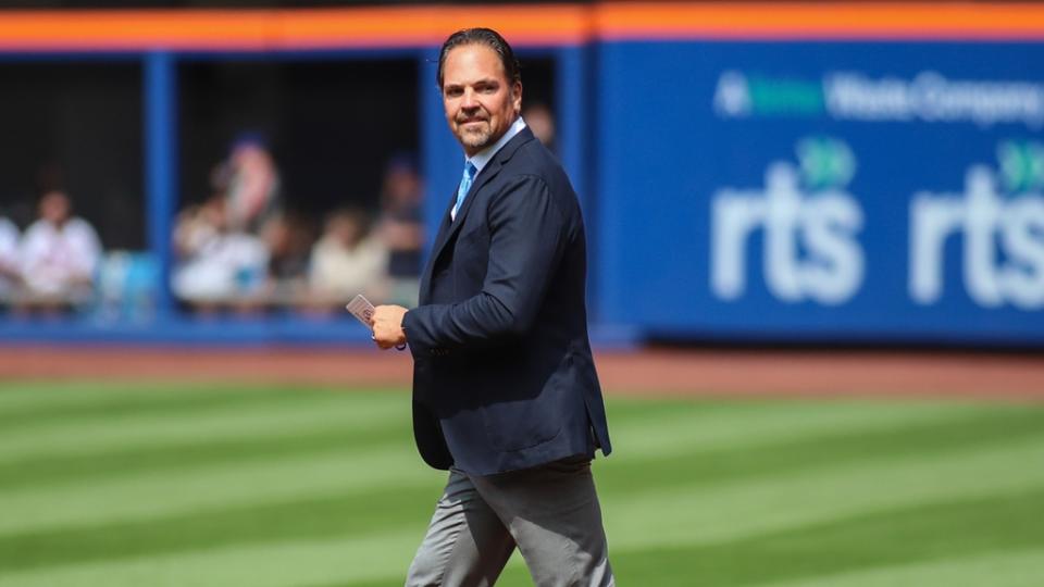 Jul 9, 2022; New York City, New York, USA; Former Major League catcher Mike Piazza at the ceremony for Keith Hernandez s jersey retirement at Citi Field. Mandatory Credit: Wendell Cruz-USA TODAY Sports