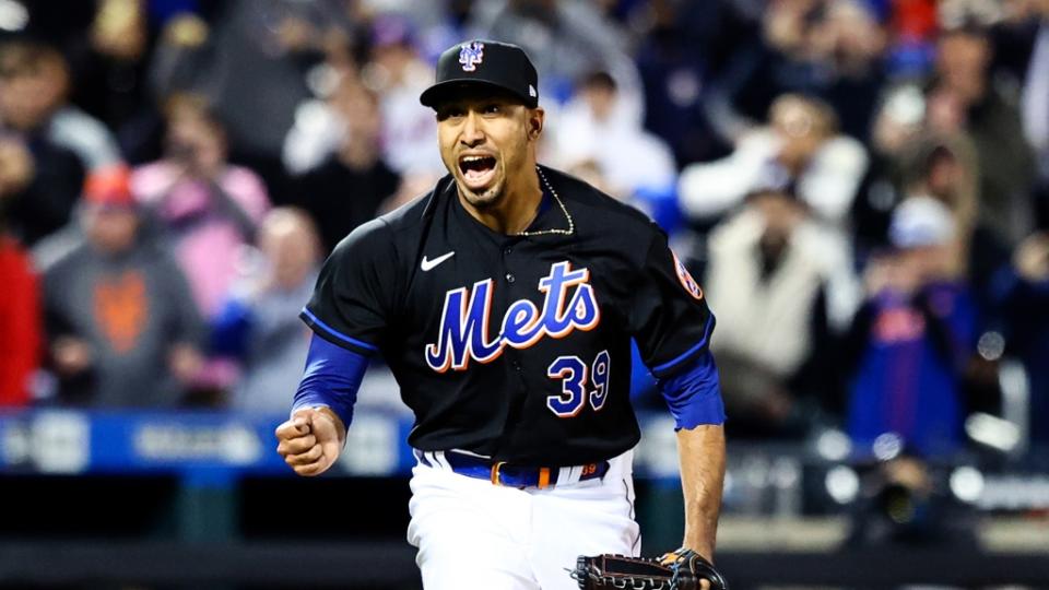 Apr 29, 2022; New York City, New York, USA; New York Mets relief pitcher Edwin Diaz (39) reacts to his part in the combined no-hitter in the ninth inning against the Philadelphia Phillies at Citi Field. Mandatory Credit: Jessica Alcheh-USA TODAY Sports