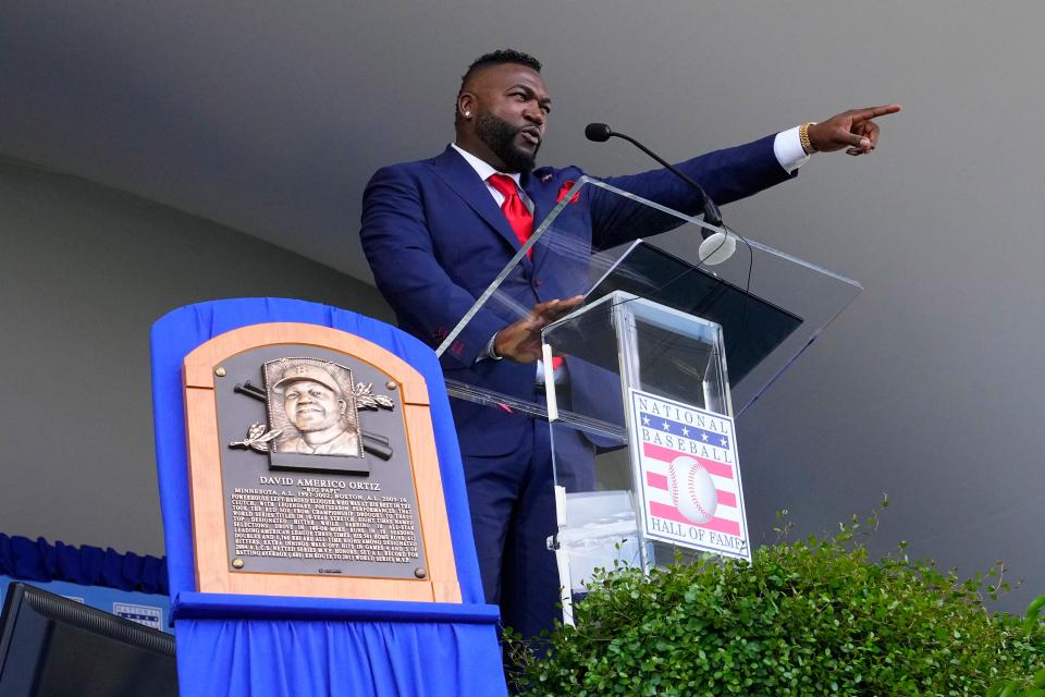 David Ortiz gives his acceptance speech during the Baseball Hall of Fame Induction Ceremony at Clark Sports Center.
