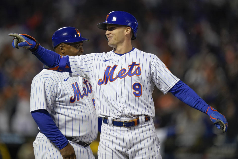Brandon Nimmo reacts after driving in a run against the San Diego Padres during the NL Wild-Card Series on Oct. 8, 2022, in New York. (AP Photo/John Minchillo)