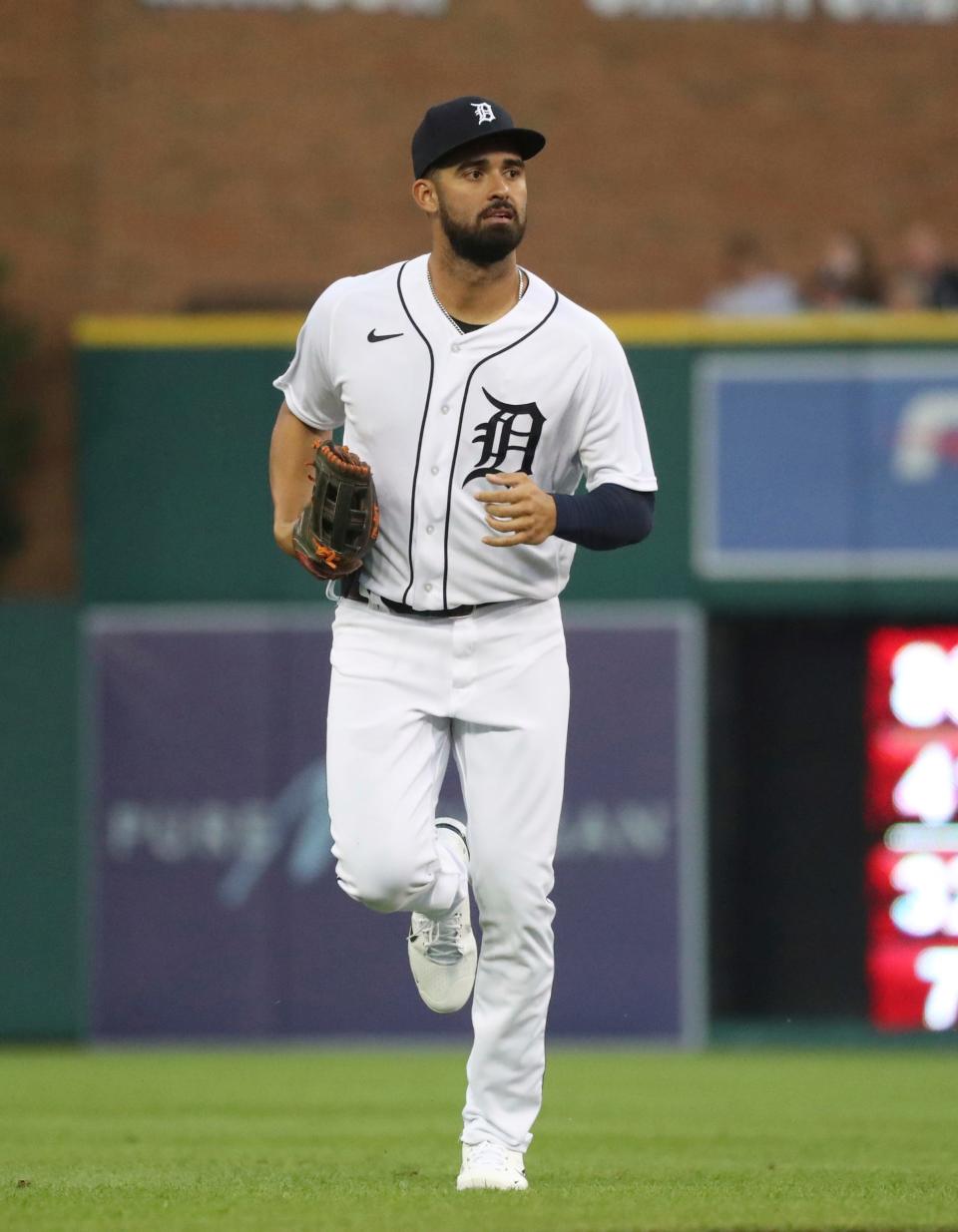 Detroit Tigers center fielder Riley Greene (31) runs off the field during third-inning action at Comerica Park in Detroit on Friday, July 1, 2022.