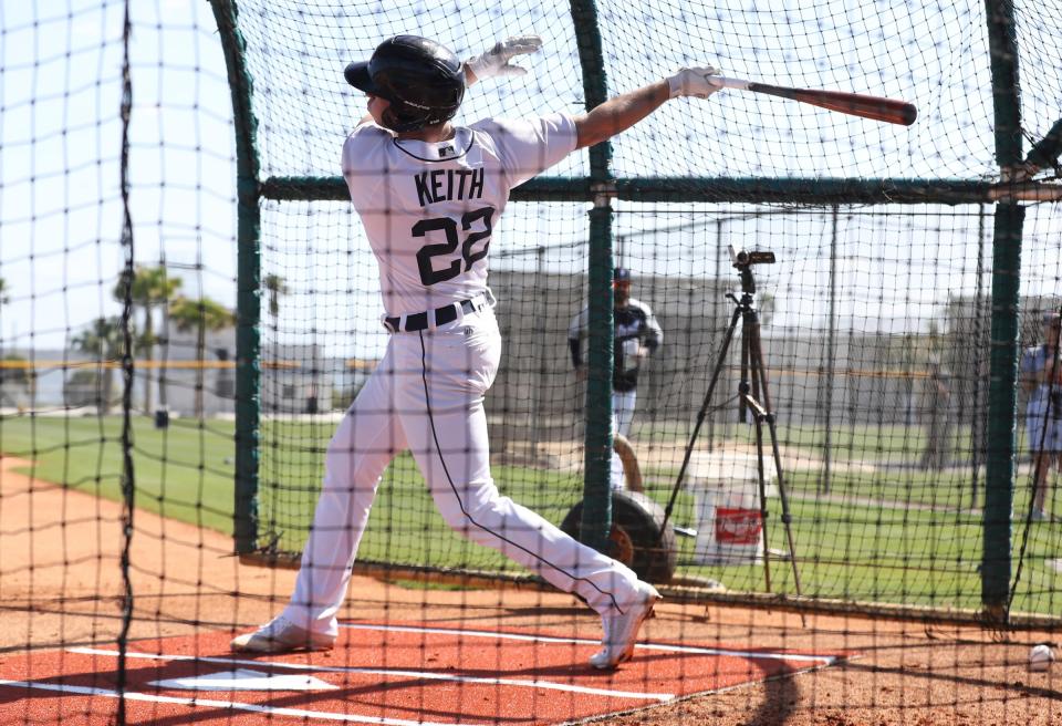 Tigers infield prospect Colt Keith takes batting practice during spring training Minor League minicamp Monday, Feb. 21, 2022 at Tiger Town in Lakeland, Florida.