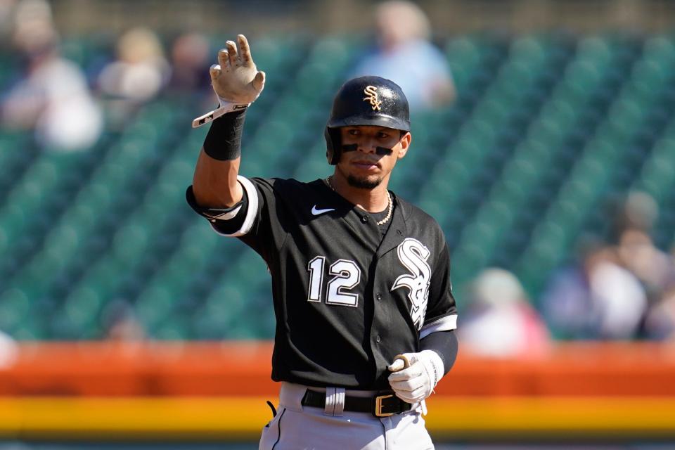 White Sox second baseman Cesar Hernandez reacts to hitting a two-run double against the Tigers in the fourth inning on Monday, Sept. 27, 2021, at Comerica Park.