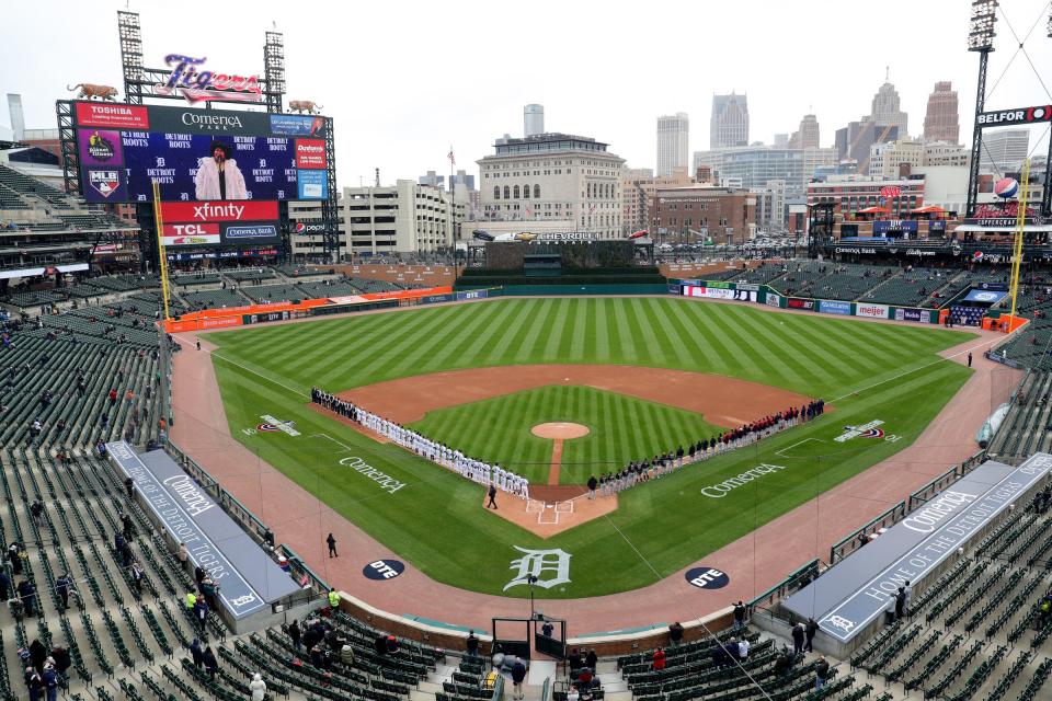 Detroit Tigers fans practice social distancing due to COVID-19 regulations during season opener against the Cleveland Indians, Thursday, April 1, 2021 at Comerica Park in Detroit.