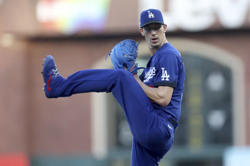 Los Angeles Dodgers' Walker Buehler (21) pitches against the San Francisco Giants.