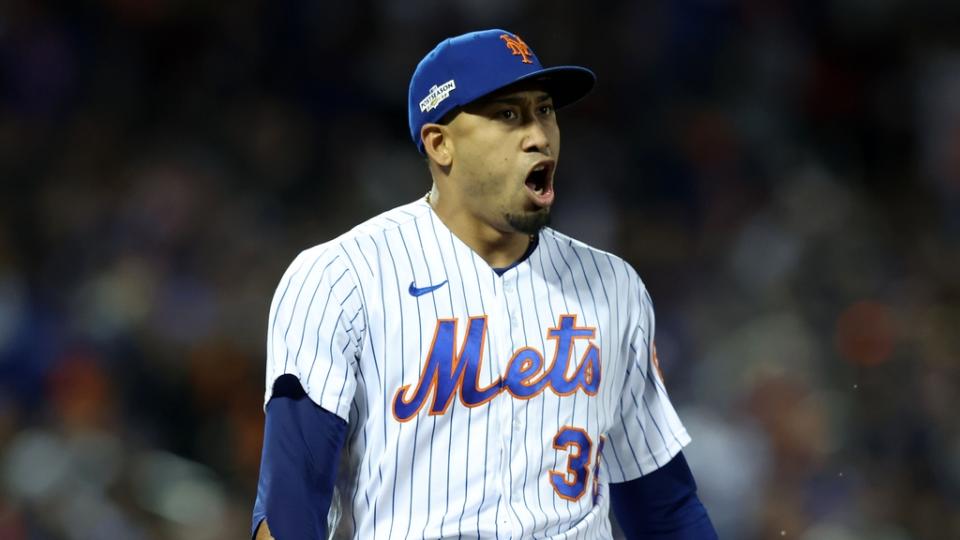 Edwin Diaz screaming Mets pinstripes night game October 2022