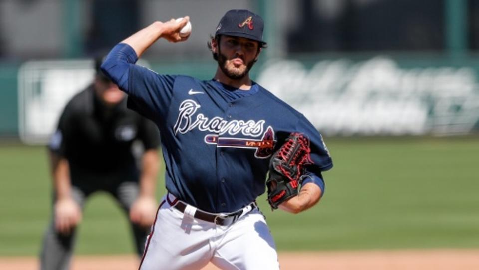 Atlanta Braves relief pitcher William Woods (93) pitches against the Tampa Bay Rays in the eighth inning during spring training at CoolToday Park