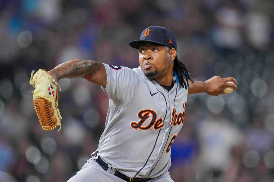 Tigers pitcher Gregory Soto pitches in the eighth inning of the Tigers' 5-3 loss in 10 innings on Monday, Aug. 1, 2022, in Minneapolis.