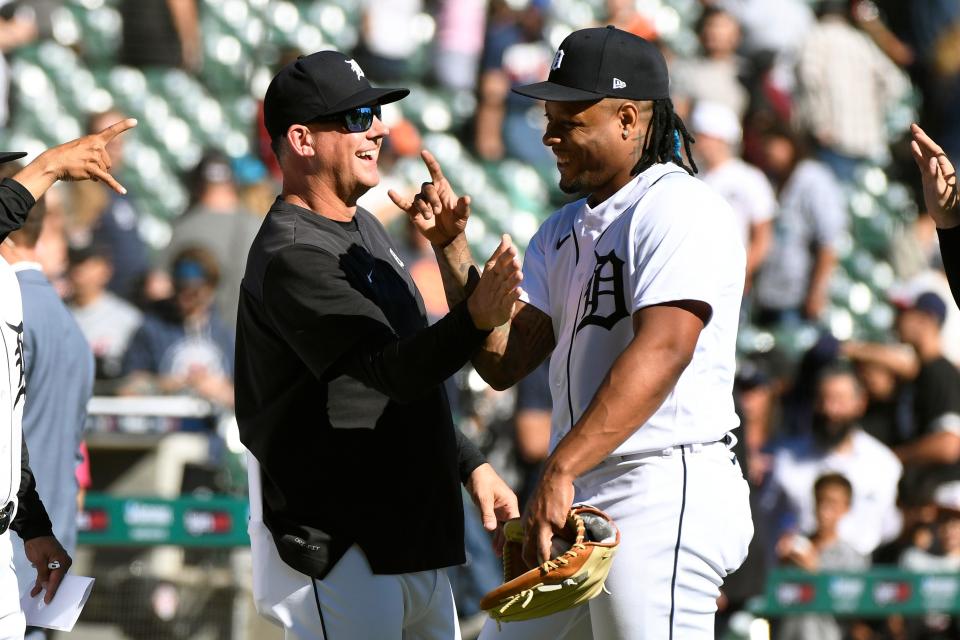 Tigers manager A.J. Hinch, left, shares a laugh with relief pitcher Gregory Soto after defeating the Twins, 5-2, Sunday, Oct. 2, 2022, in Detroit.