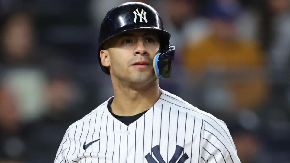 Oct 23, 2022; Bronx, New York, USA; New York Yankees second baseman Gleyber Torres (25) reacts after striking out in the seventh inning against the Houston Astros during game four of the ALCS for the 2022 MLB Playoffs at Yankee Stadium. Mandatory Credit: Brad Penner-USA TODAY Sports