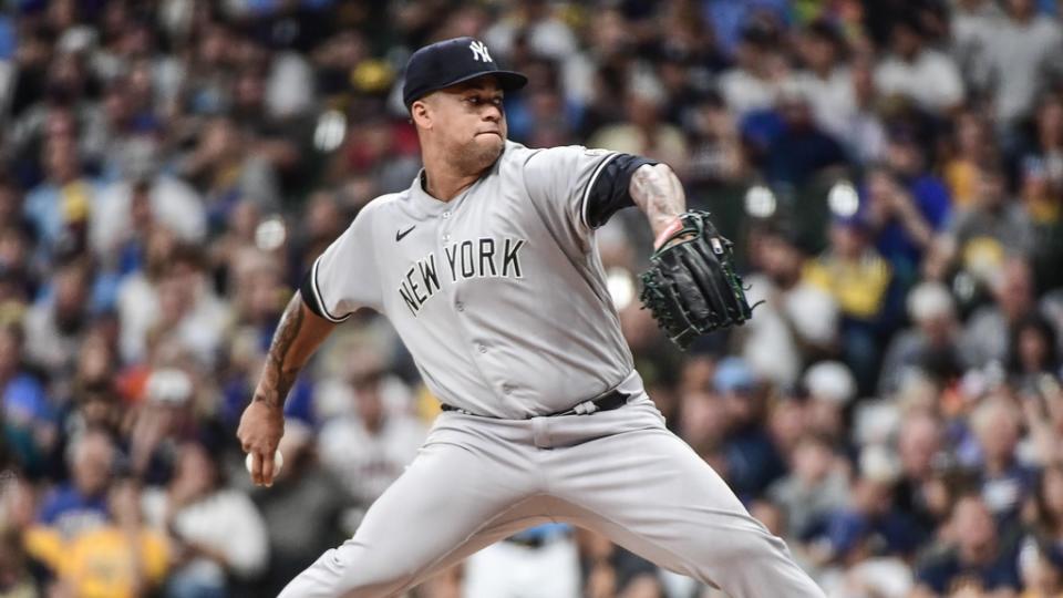 Sep 16, 2022; Milwaukee, Wisconsin, USA; New York Yankees pitcher Frankie Montas (47) throws a pitch in the first inning against the Milwaukee Brewers at American Family Field. Mandatory Credit: Benny Sieu-USA TODAY Sports