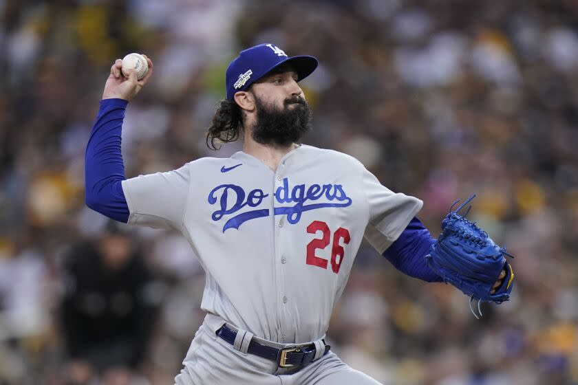 Los Angeles Dodgers starting pitcher Tony Gonsolin works against a San Diego Padres batter during the first inning in Game 3 of a baseball NL Division Series, Friday, Oct. 14, 2022, in San Diego. (AP Photo/Jae C. Hong)