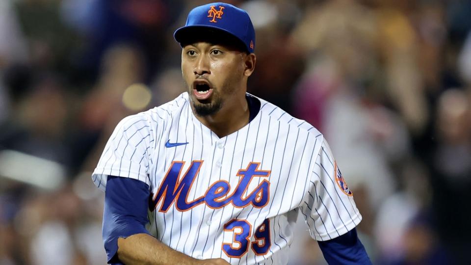 Aug 4, 2022; New York City, New York, USA; New York Mets relief pitcher Edwin Diaz (39) reacts during the eighth inning against the Atlanta Braves at Citi Field.
