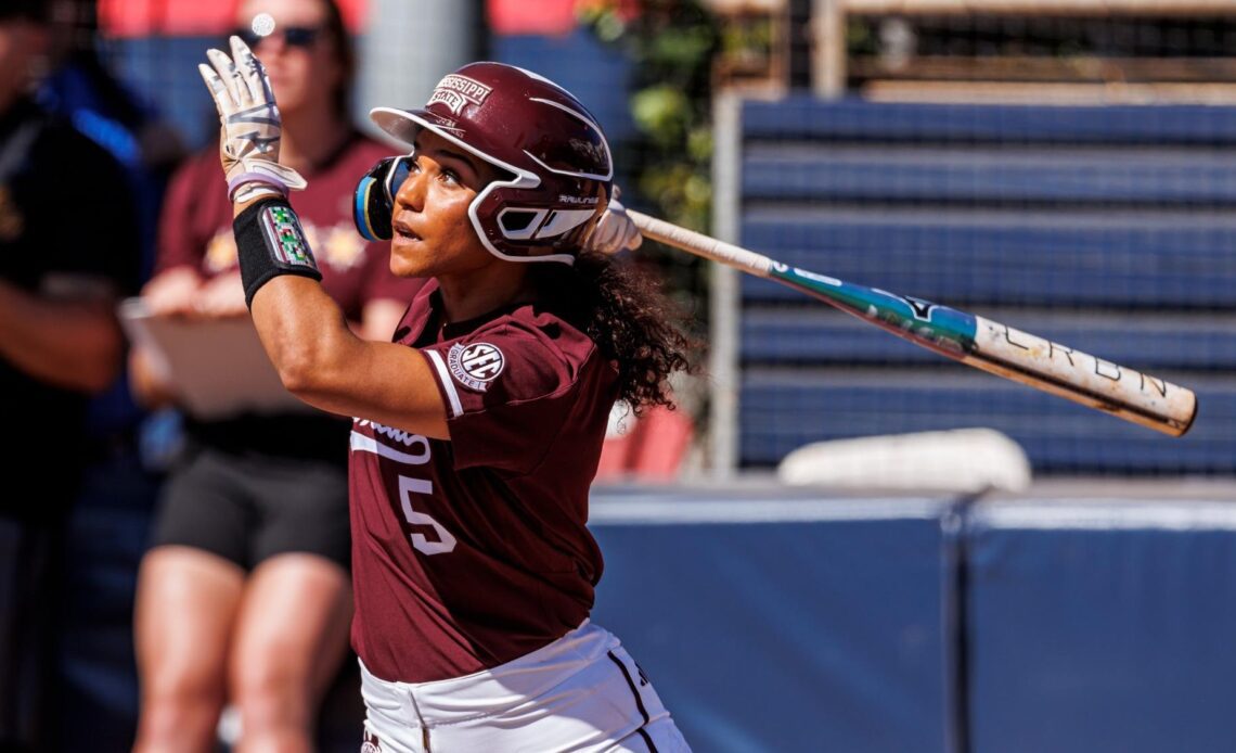 BOCA RATON, FL - February 10, 2023 - Mississippi State Outfielder Kiersten Landers (#5) during the Paradise Classic game between the Loyola Chicago Ramblers and the Mississippi State Bulldogs at FAU Softball Stadium in Boca Raton, FL. Photo By Kevin Snyder