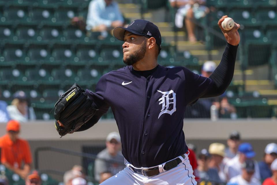 Detroit Tigers starting pitcher Eduardo Rodriguez throws a pitch during the first inning against the Washington Nationals in Lakeland, Florida, March 8, 2023.