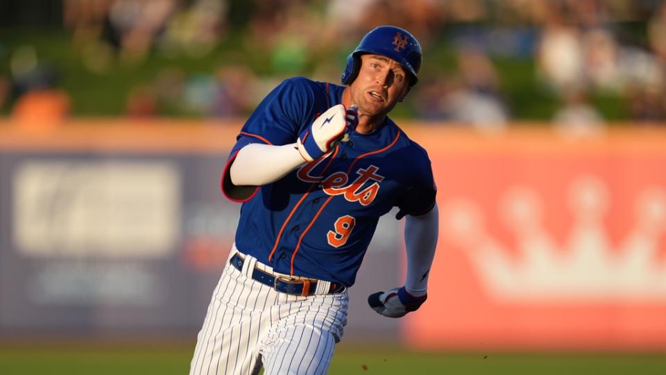 Mar 17, 2023; Port St. Lucie, Florida, USA; New York Mets center fielder Brandon Nimmo (9) heads to third base after hitting a triple in the third inning against the Miami Marlins at Clover Park. Mandatory Credit: Jim Rassol-USA TODAY Sports
