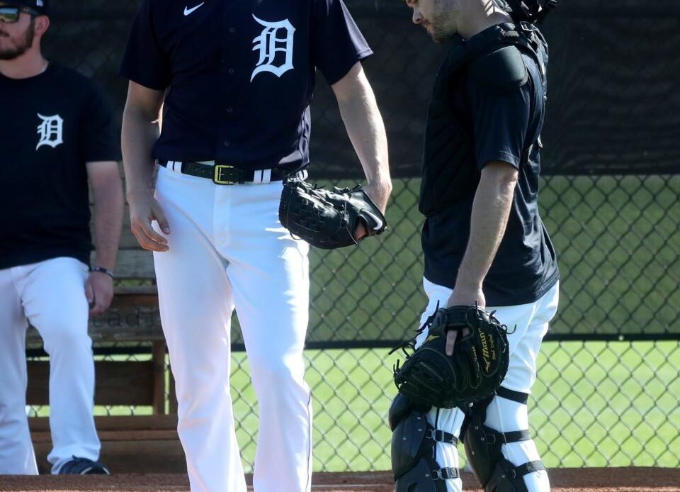 Detroit Tigers pitcher Matt Manning and catcher Andrew Knapp talk Spring Training Tuesday, February 21, 2023.