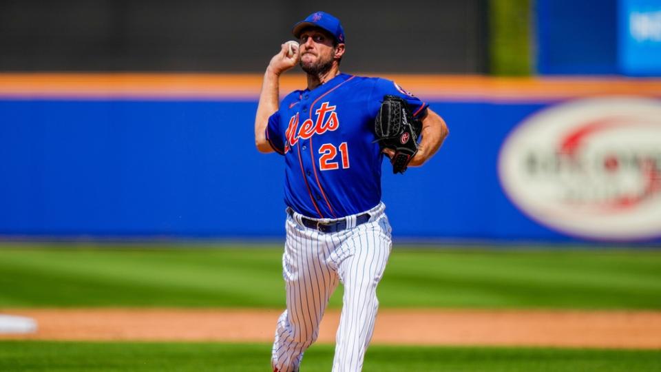 Mar 3, 2023; Port St. Lucie, Florida, USA; New York Mets starting pitcher Max Scherzer (21) throws a pitch against the Washington Nationals during the second inning at Clover Park. Mandatory Credit: Rich Storry-USA TODAY Sports