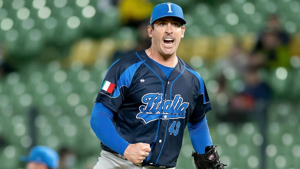 TAICHUNG, TAIWAN - MARCH 09: Matt Harvey #43 of Team Italy reacts after pitching at the bottom of the 3rd inning during the World Baseball Classic Pool A game between Italy and Cuba at Taichung Intercontinental Baseball Stadium on March 09, 2023 in Taichung, Taiwan.