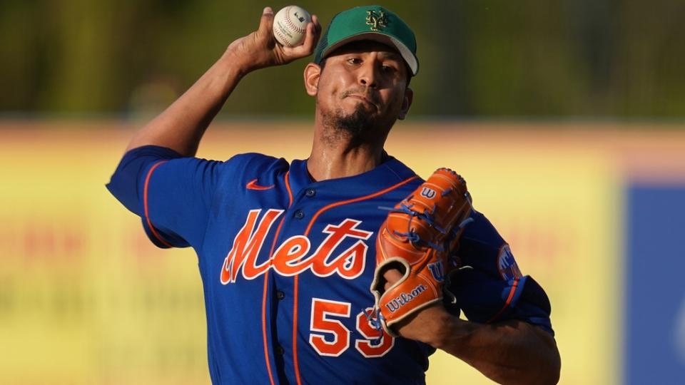 Mar 17, 2023; Port St. Lucie, Florida, USA; New York Mets starting pitcher Carlos Carrasco (59) pitches against the Miami Marlins in the first inning at Clover Park.