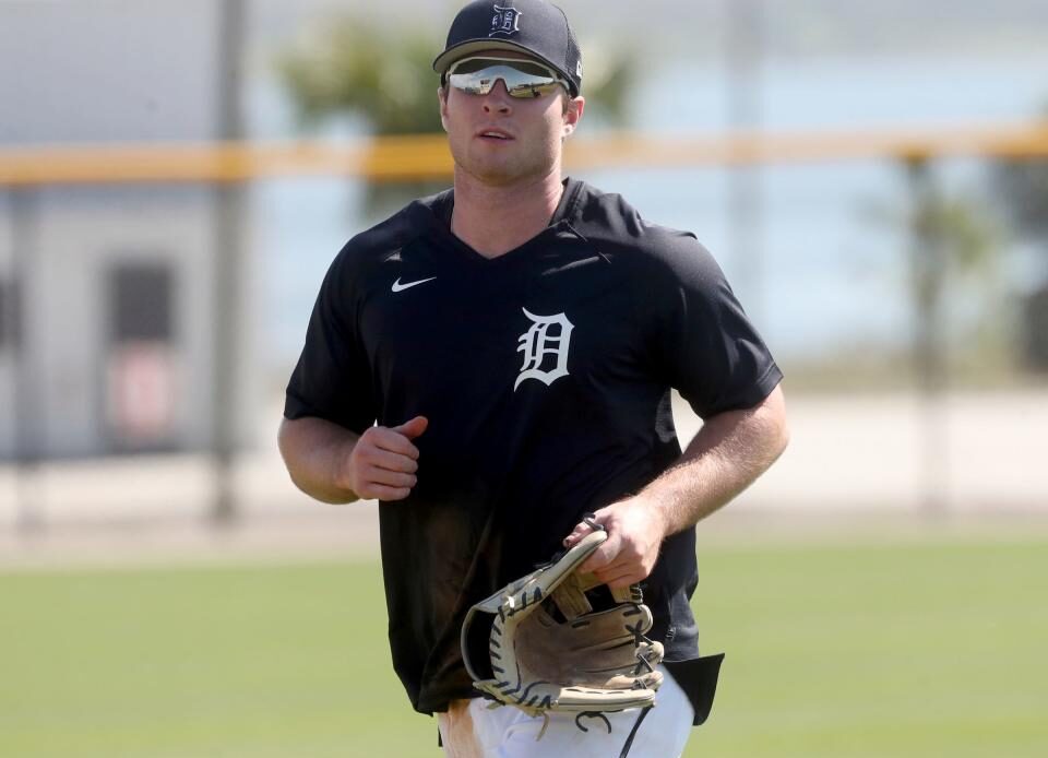 Tigers infielder Colt Keith runs to the next drill during spring training on Monday, Feb. 20, 2023, in Lakeland, Florida.