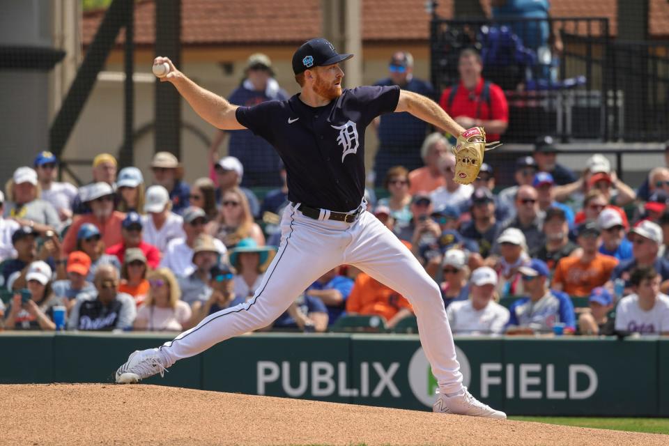 Detroit Tigers starting pitcher Spencer Turnbull (56) throws a pitch during the first inning against the New York Yankees at Publix Field at Joker Marchant Stadium in Lakeland, Florida, on Friday, March 10, 2023.