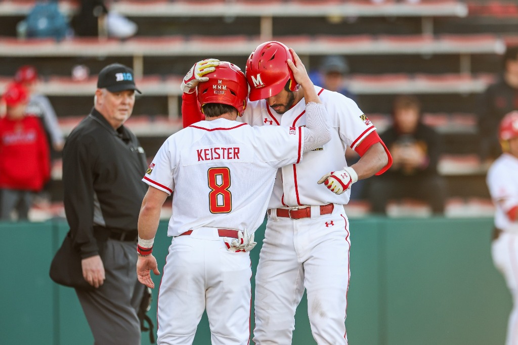 Infielder Kevin Keister (8) Outfielder Elijah Lambros (11) Maryland Baseball vs. Delaware at Bob Turtle Smith Stadium in College Park, MD on Tuesday, Feb. 28, 2023. Chris Lyons/Maryland Terrapins