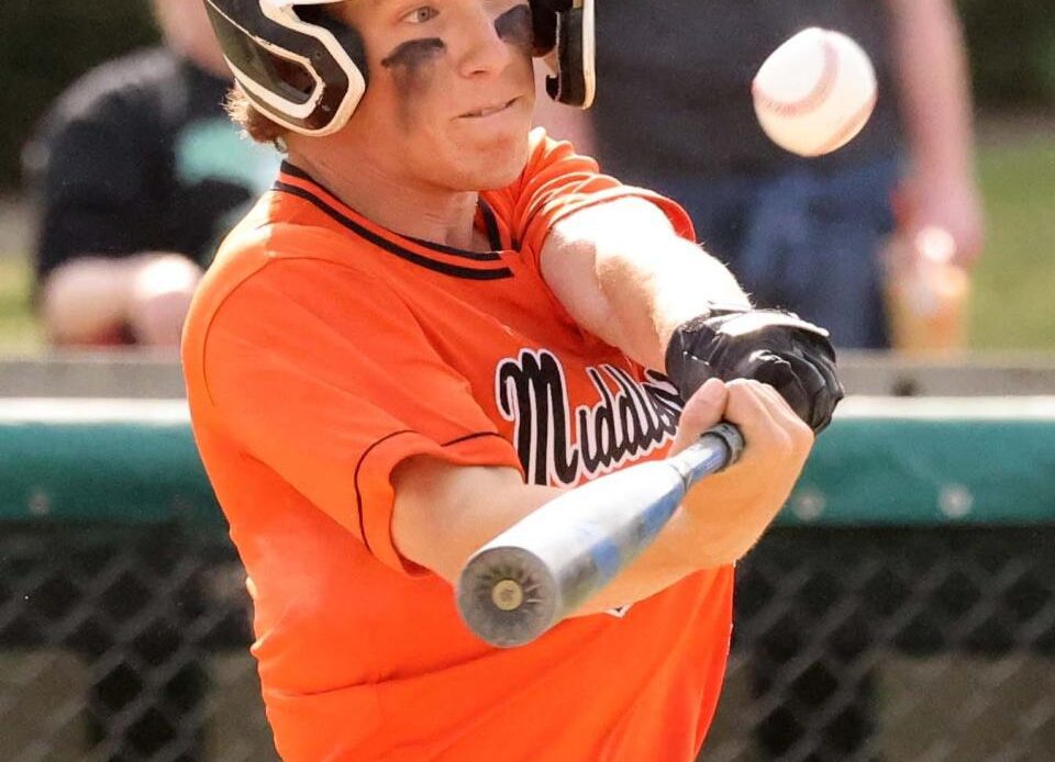 Middleboro batter Nate Tullish hits a triple on this swing during a game versus Abington on Tuesday, May 16, 2023.