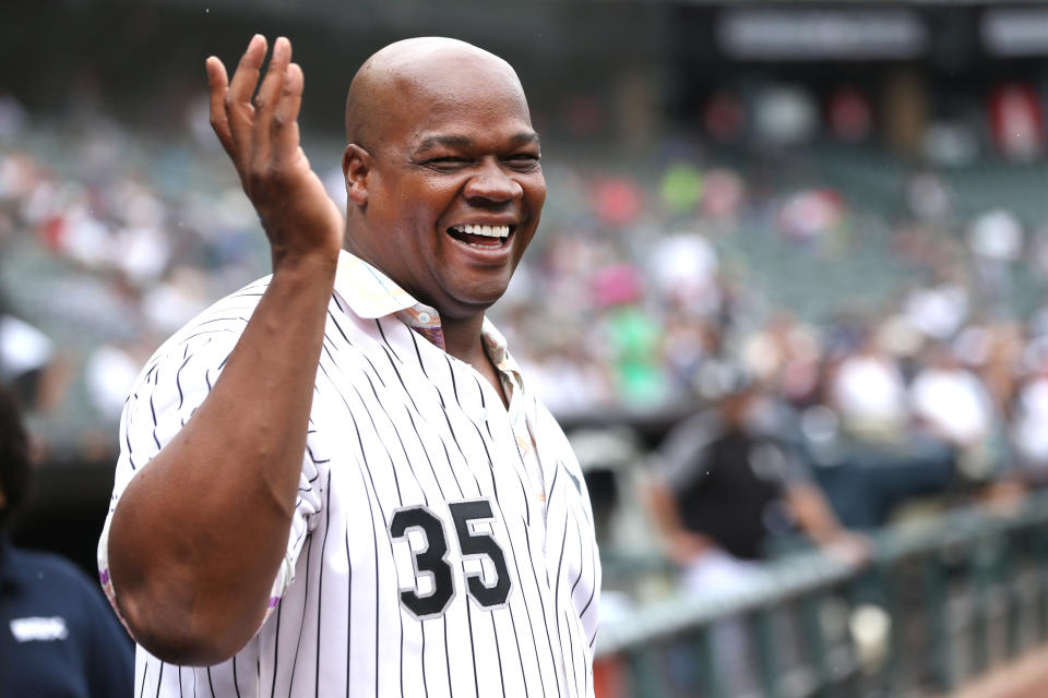 Former Chicago White Sox great Frank Thomas has a laugh during a ceremony to honor the 1993 American League West Division Championship White Sox team before a game against the Kansas City Royals at Guaranteed Rate Field in Chicago on Saturday, July 14, 2018. The Royals won, 5-0. (Chris Sweda/Chicago Tribune/Tribune News Service via Getty Images)