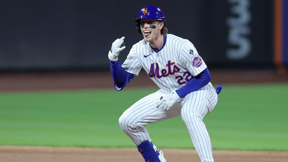  New York Mets third baseman Brett Baty (22) reacts after hitting a two run double against the Kansas City Royals during the fifth inning at Citi Field. 