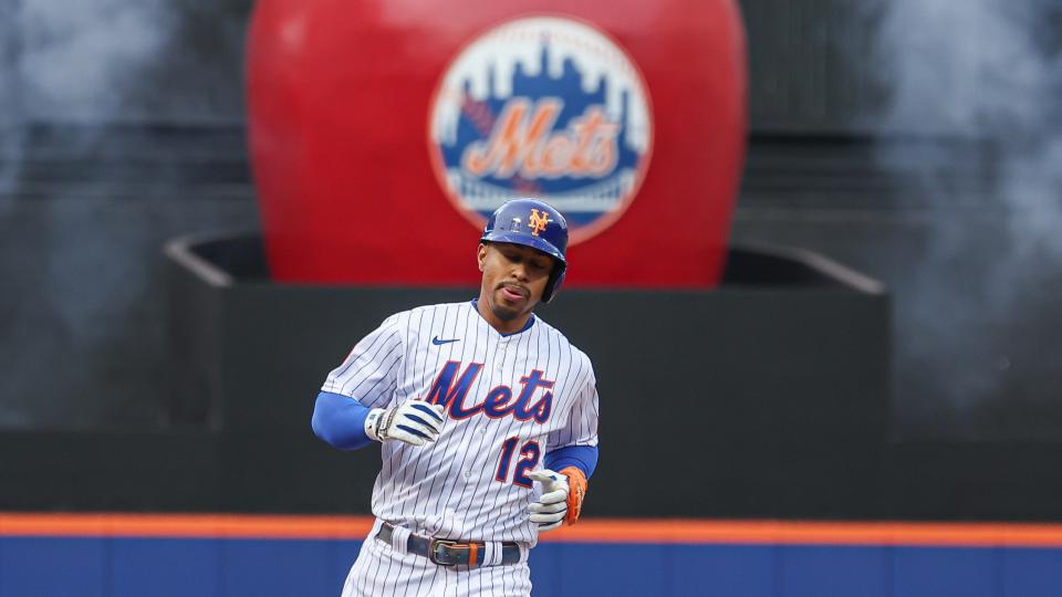 New York City, New York, USA; New York Mets shortstop Francisco Lindor (12) rounds third base after hitting a two run home run during the third inning against the Miami Marlins at Citi Field. 