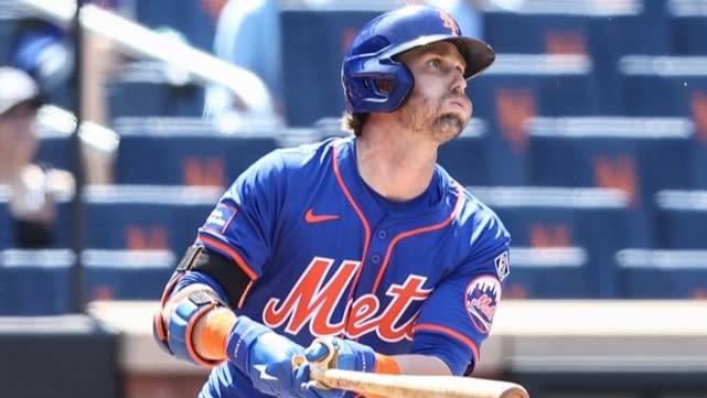 May 26, 2024; New York City, New York, USA; New York Mets second baseman Jeff McNeil (1) hits a double in the fifth inning against the San Francisco Giants at Citi Field.