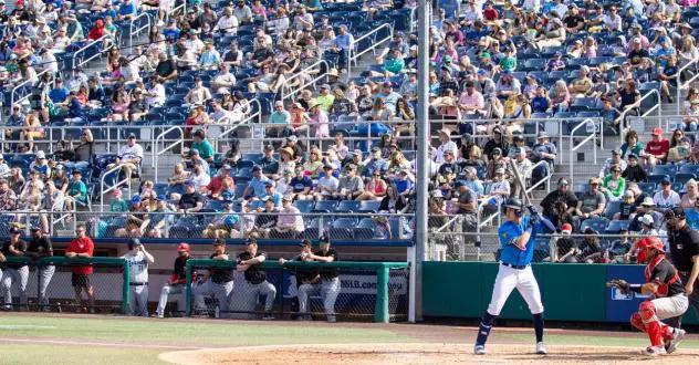 Gabriel Moncada at bat for the Everett AquaSox in front of a big crowd