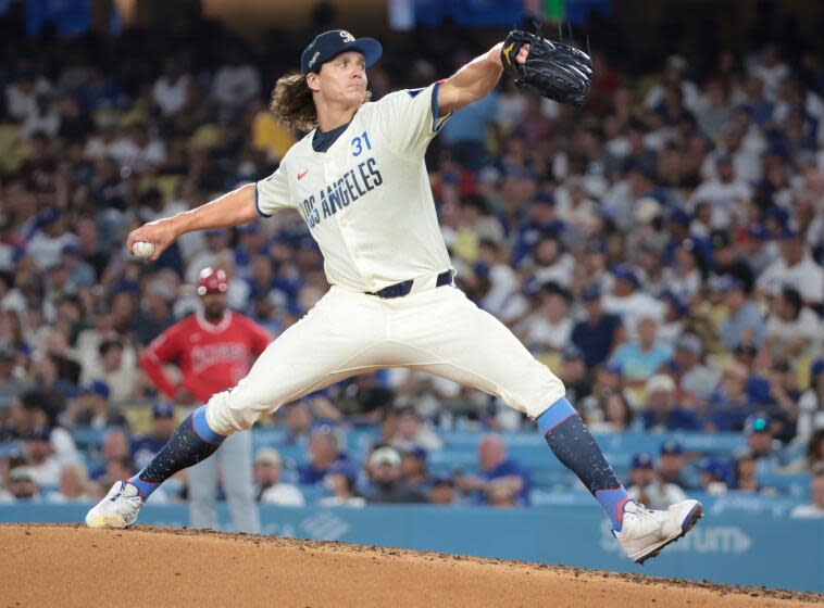 Dodgers pitcher Tyler Glasnow delivers during a game against the Angels in June.