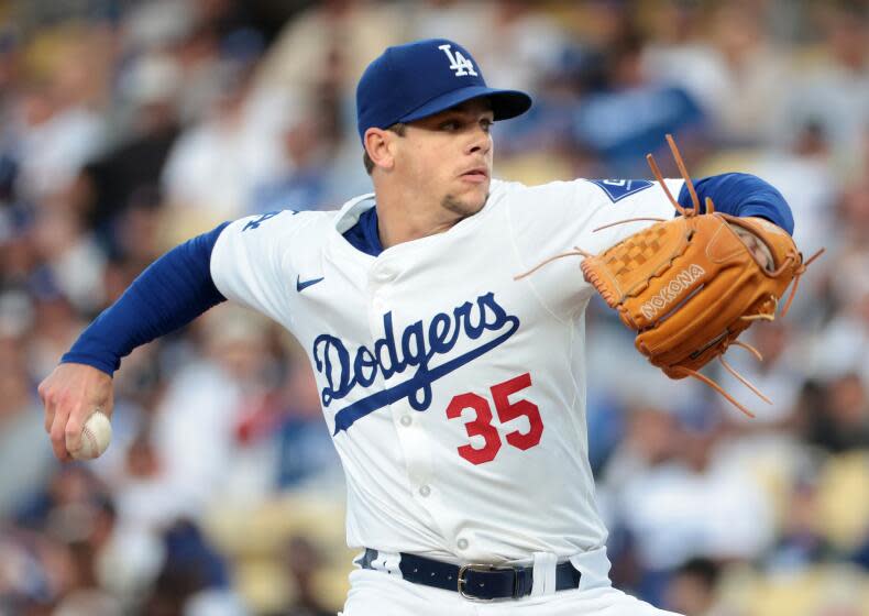 LOS ANGELES, CALIFORNIA May 21, 2024-Dodgers pitcher Gavin Stone throws a pitch.