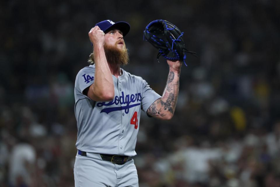 Dodgers reliever Michael Kopech reacts during the third inning Wednesday against the Padres.